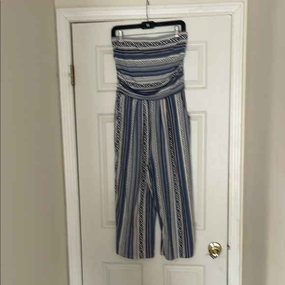 Strapless Striped Blue and White Jumpsuit - M - Picture 1 of 5